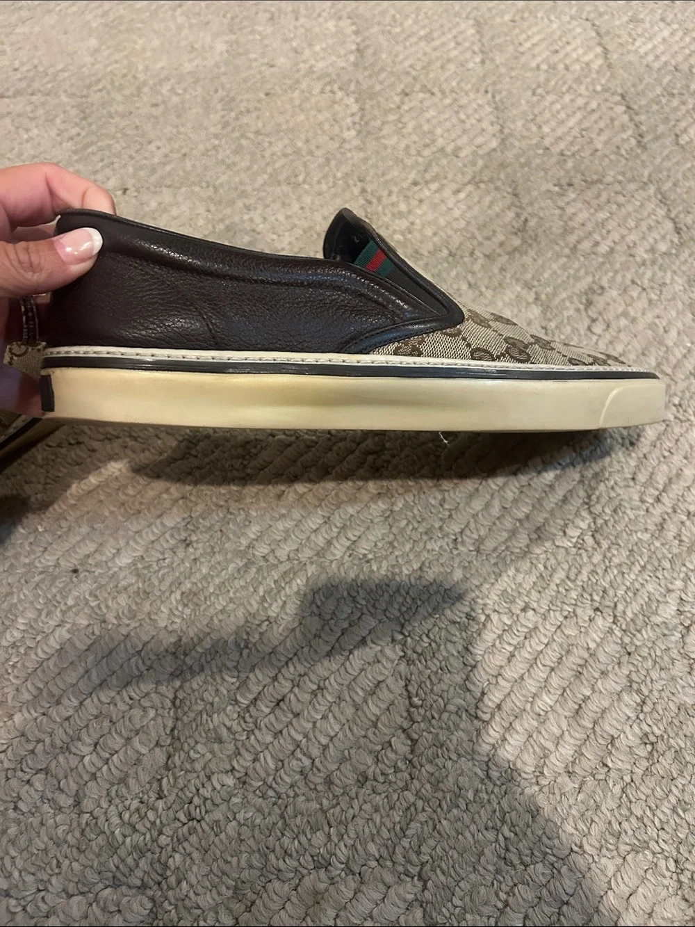 Gucci Beige Brown GG Canvas Slip-On Loafer with Dark Brown Trim